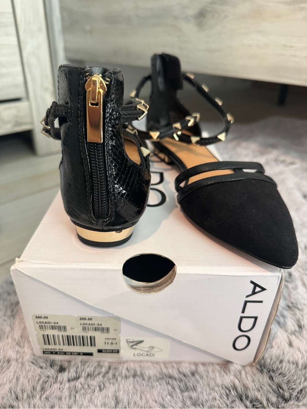 ALDO “Locadi” Black Pointed Toe Studded Strappy Flats - Picture 2 of 5